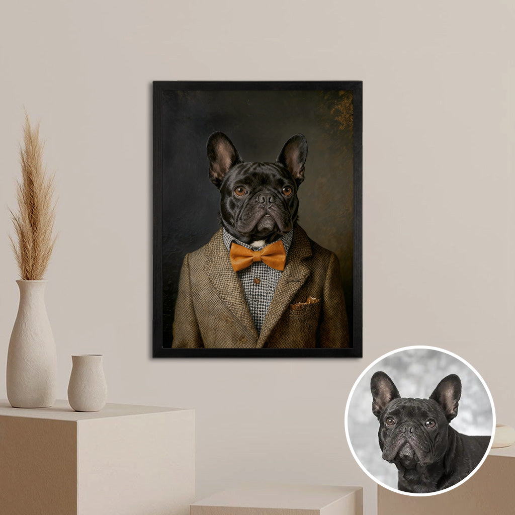 Dapper vintage-styled custom pet portrait on wood panel displayed on a home wall