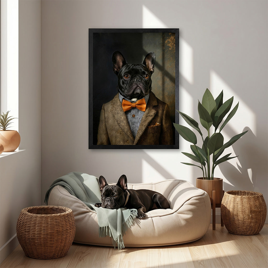 Custom gentleman pet portrait on wood shown in small and large size options