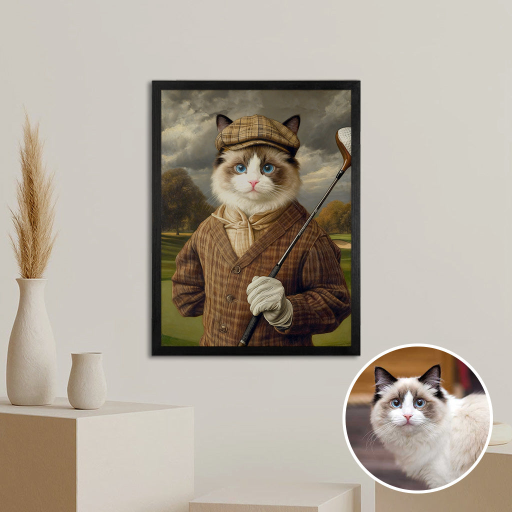 Golf-themed custom pet portrait on wood panel displayed on a home wall