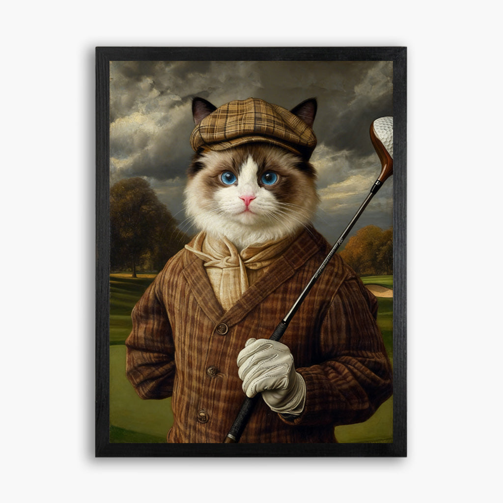 Custom golf pet portrait on wood with pet wearing golf attire on a fairway as sports-inspired wall art