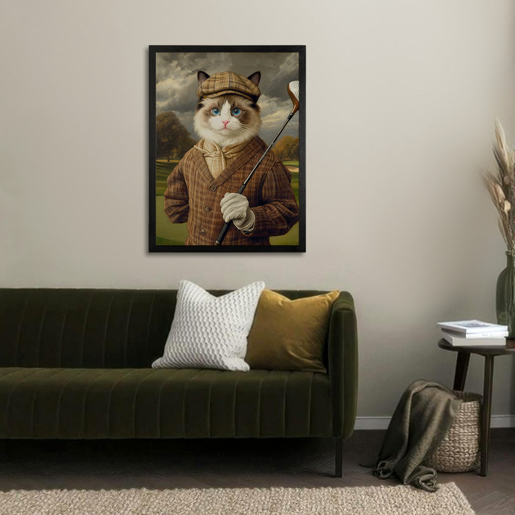Close-up of golf outfit and club detail on a custom pet portrait printed on wood