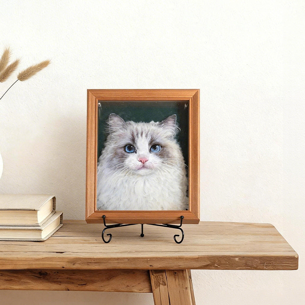 Side profile view of 8x10 multi-layer acrylic pet portrait panel showing depth and layered dimension
