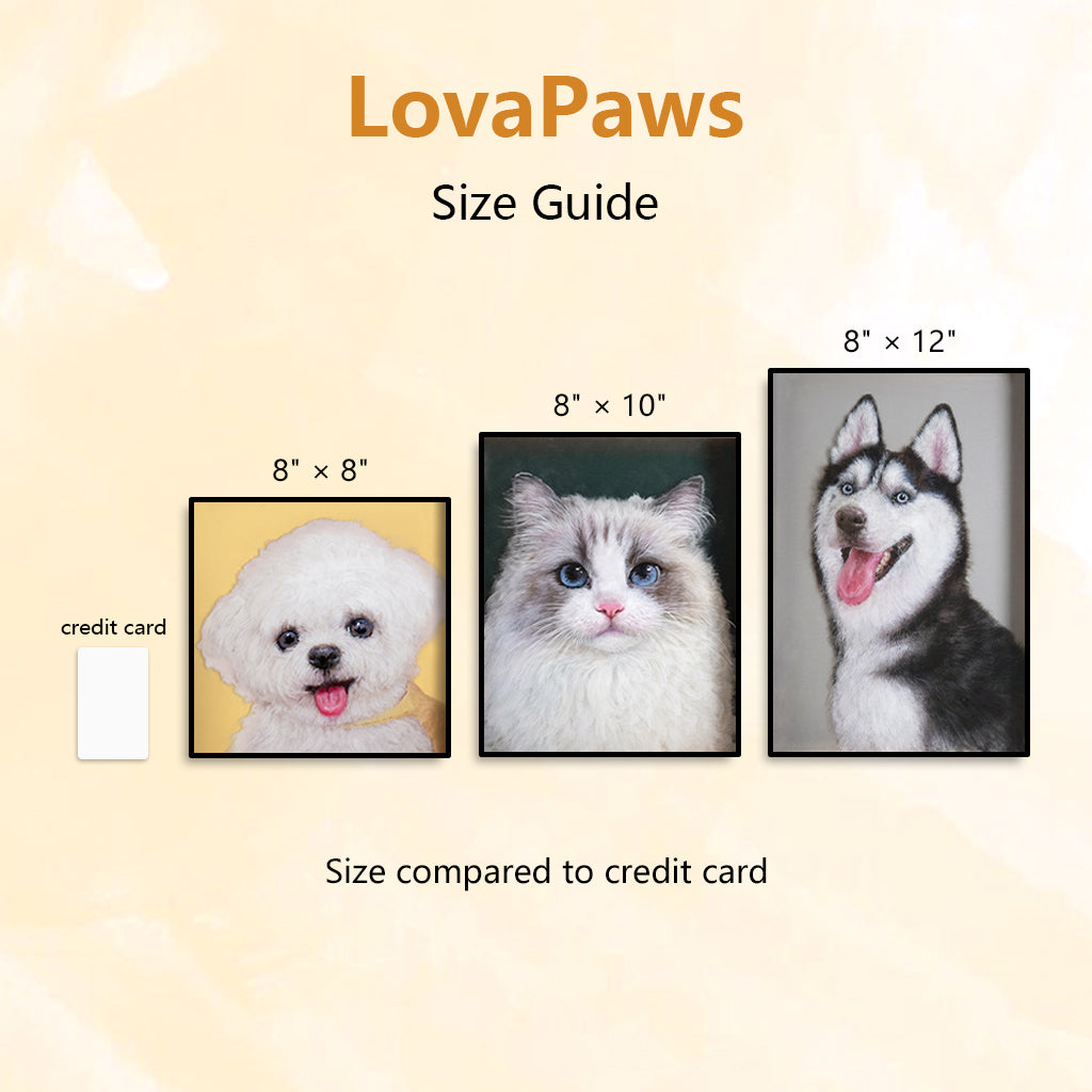 Size comparison of custom hand-painted acrylic pet portrait panels showing 8x8, 8x10, and 8x12 side by side