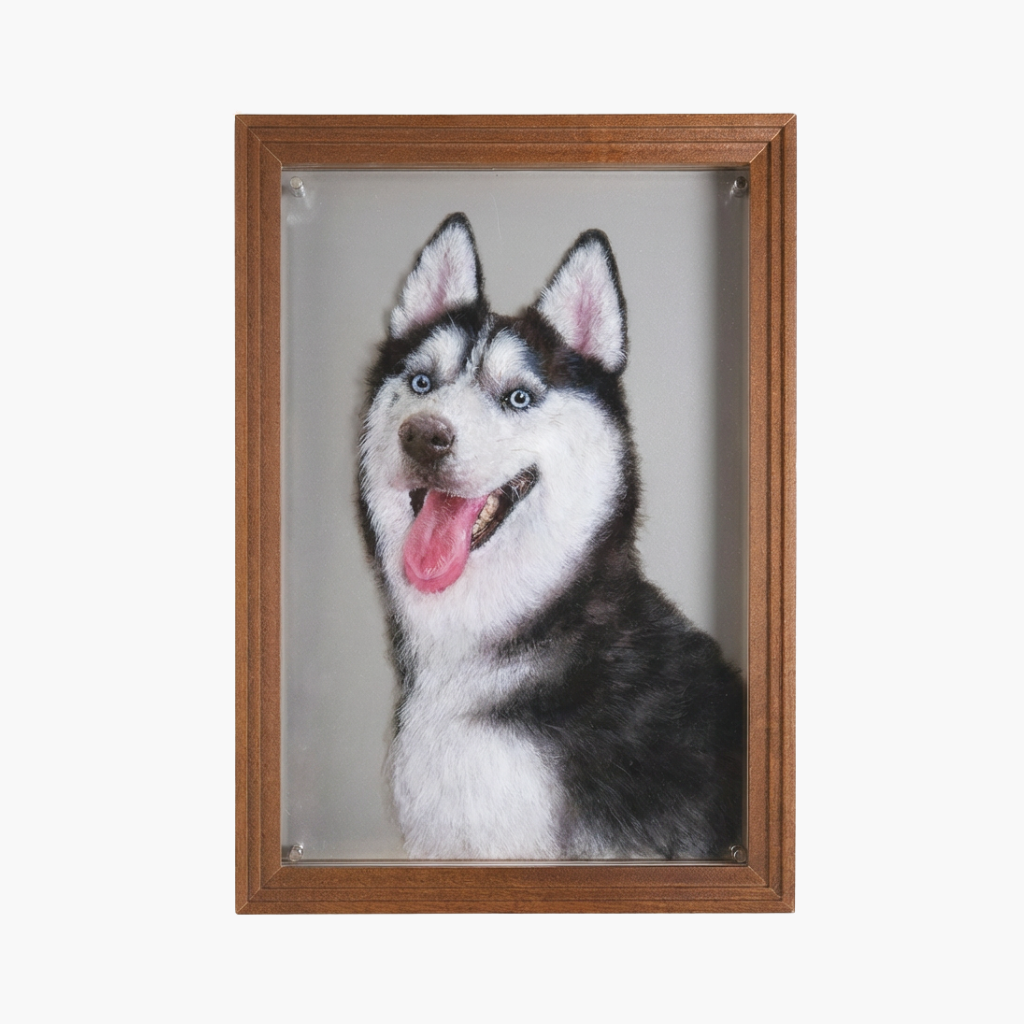 Custom hand-painted pet portrait on a large 8x12 multi-layer acrylic panel with full detail and depth