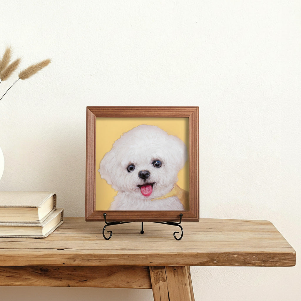 Side view of 8x8 multi-layer acrylic pet portrait showing layered depth and panel construction