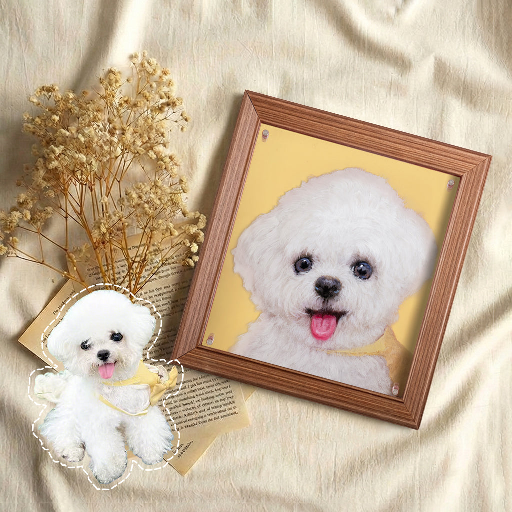 Fine art 8x8 acrylic pet portrait panel displayed on a desk as a personalized custom pet portrait gift