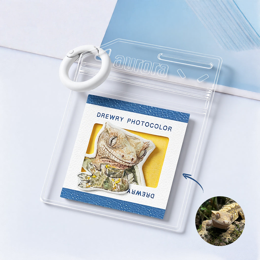 Close-up of watercolor lizard portrait charm showing scale texture and color detail