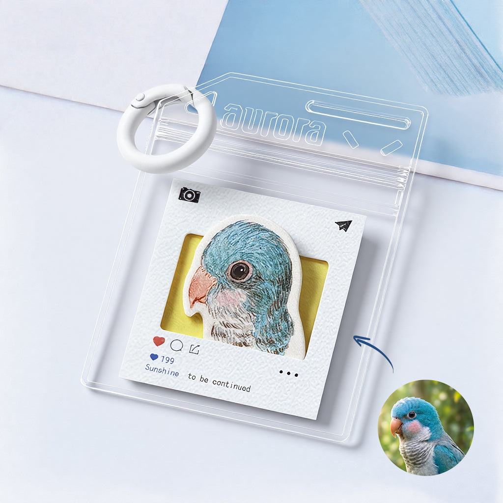 Close-up of watercolor parrot portrait charm showing feather color and beak detail