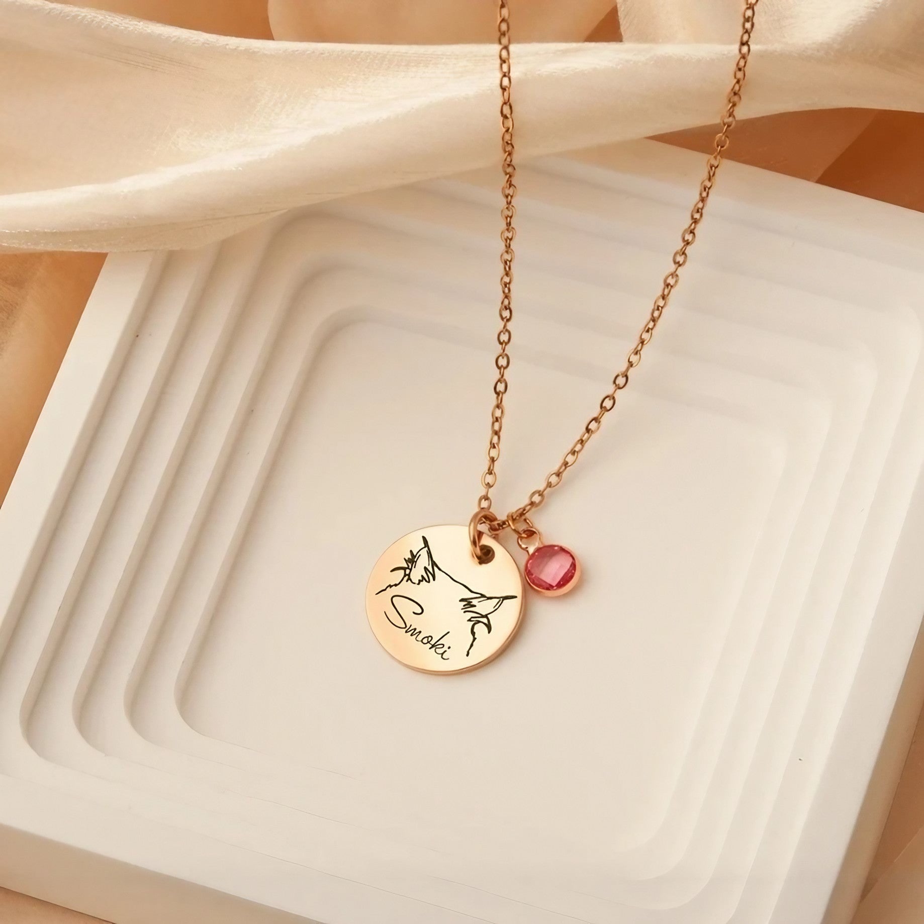 Custom pet birthstone necklace shown in gold, silver, and rose gold finish options side by side