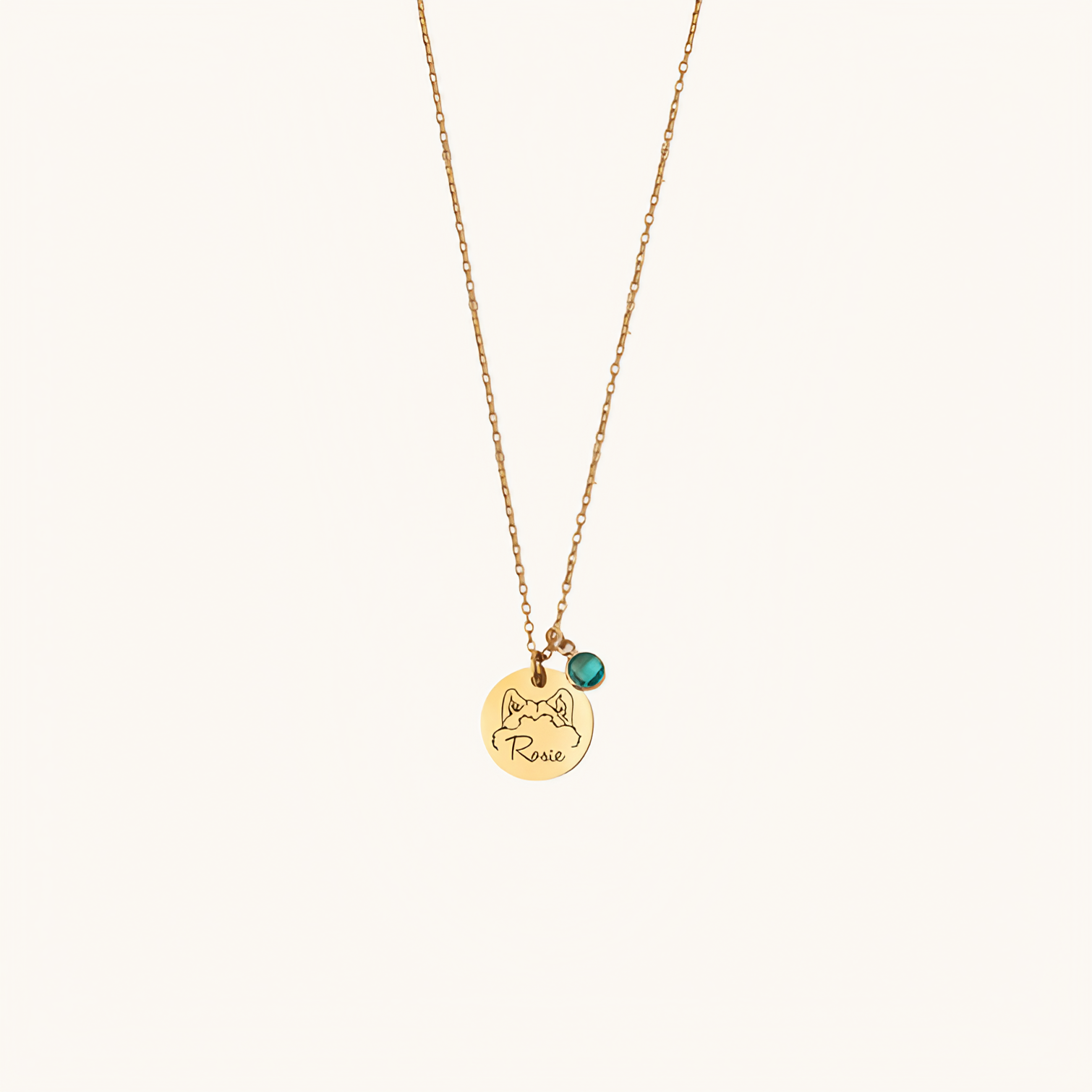 Custom pet birthstone necklace with engraved pet portrait pendant and gemstone charm in gold