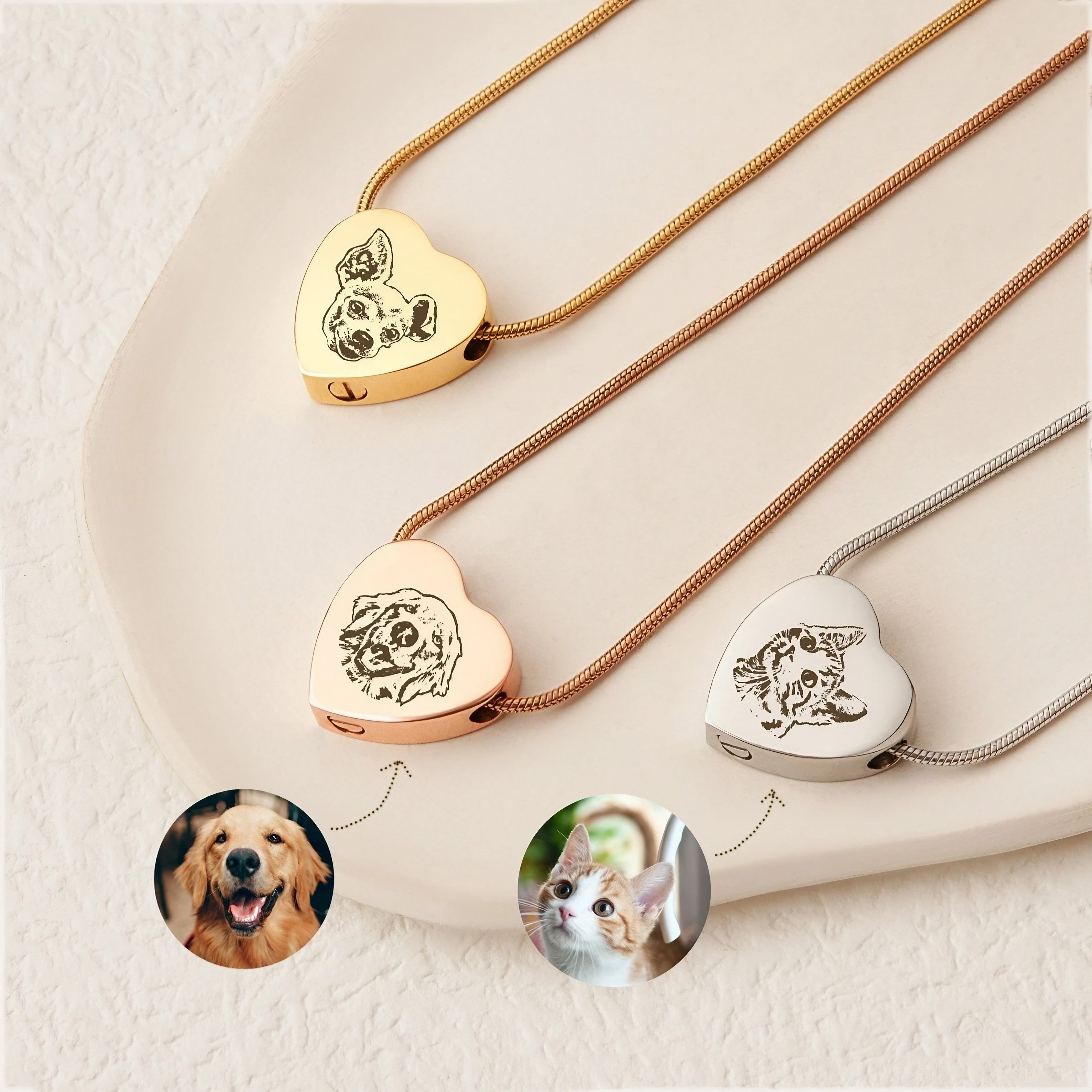 Pet memorial heart necklace shown in gold, silver, and rose gold finish options