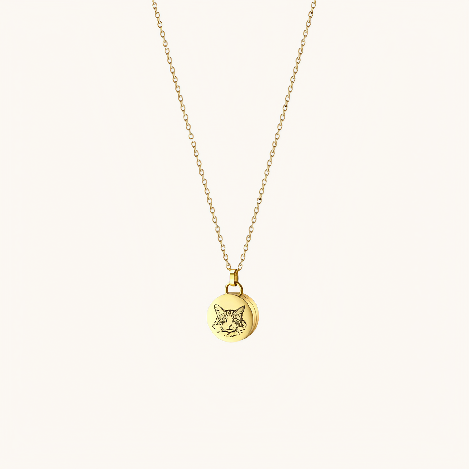 Round pet memorial necklace with engraved pet portrait and name on polished stainless steel