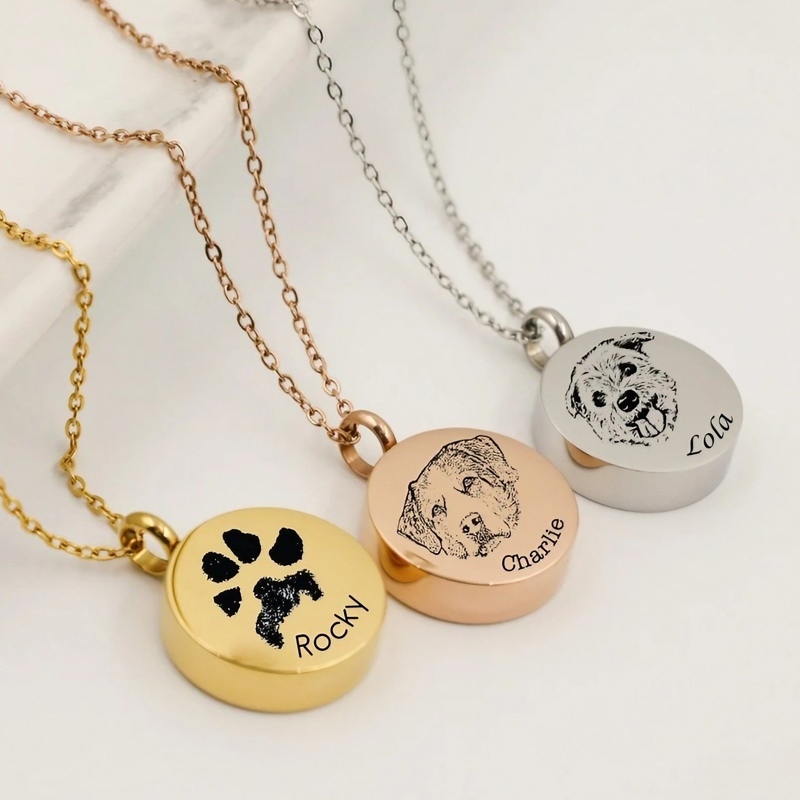 Pet memorial round necklace displayed in gold, silver, and rose gold finish side by side