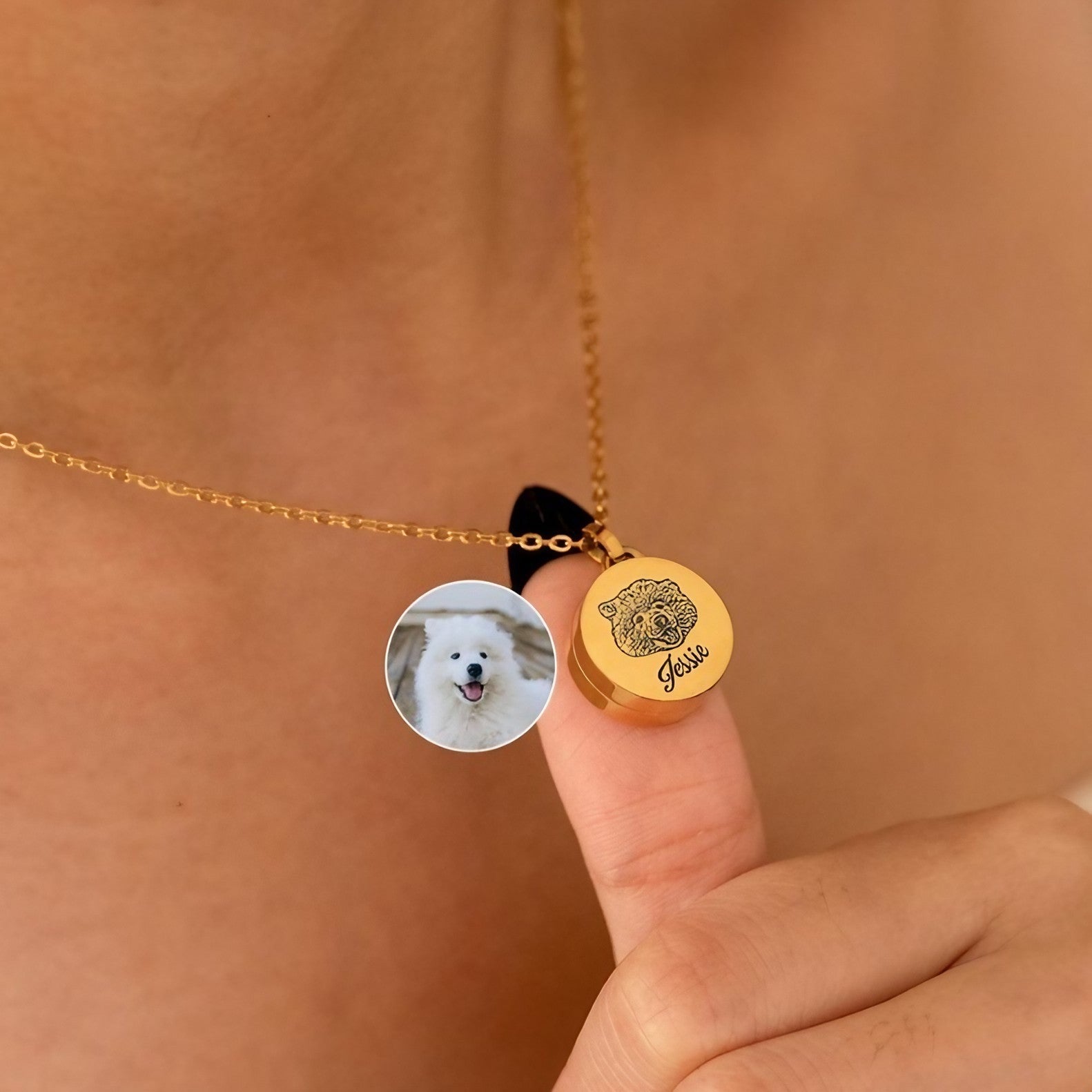 Personalized pet loss necklace worn close to the chest with a round portrait pendant
