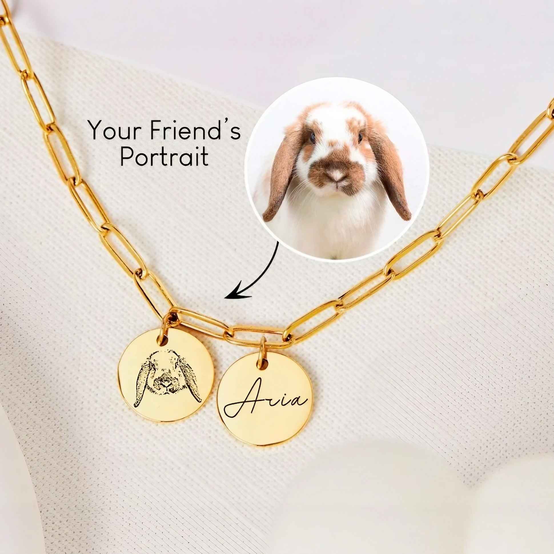 Close-up of engraved pet portrait charm and name charm on a double-charm pet necklace