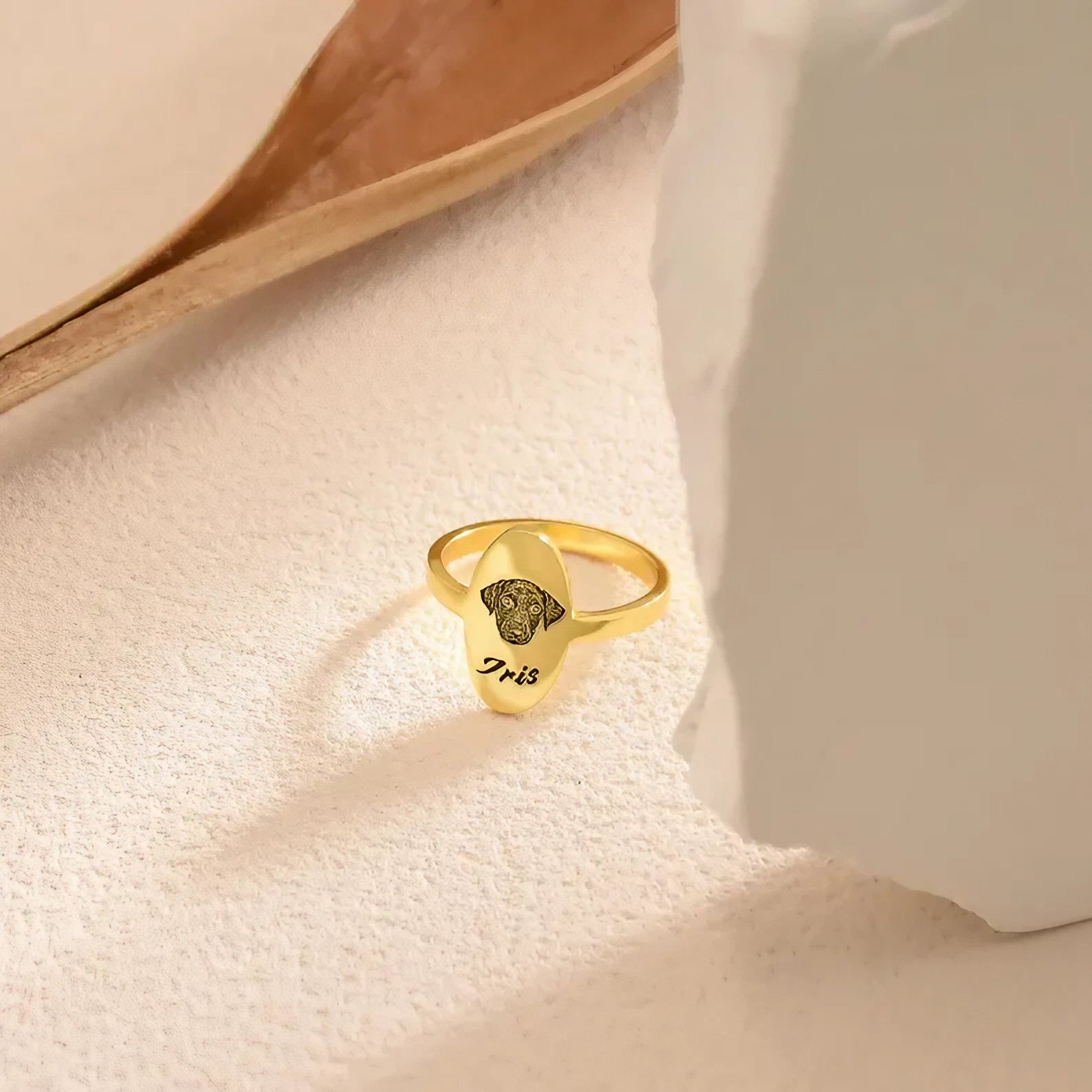 Person wearing a personalized pet portrait ring as an everyday pet keepsake gift