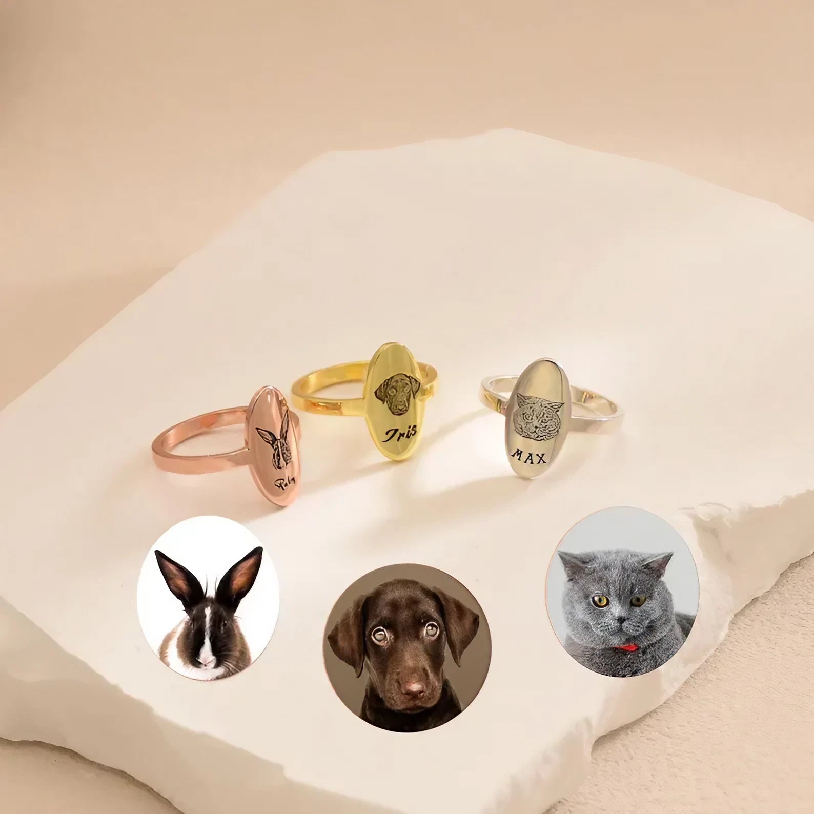 Personalized pet photo ring laid flat showing fine engraving detail and band width