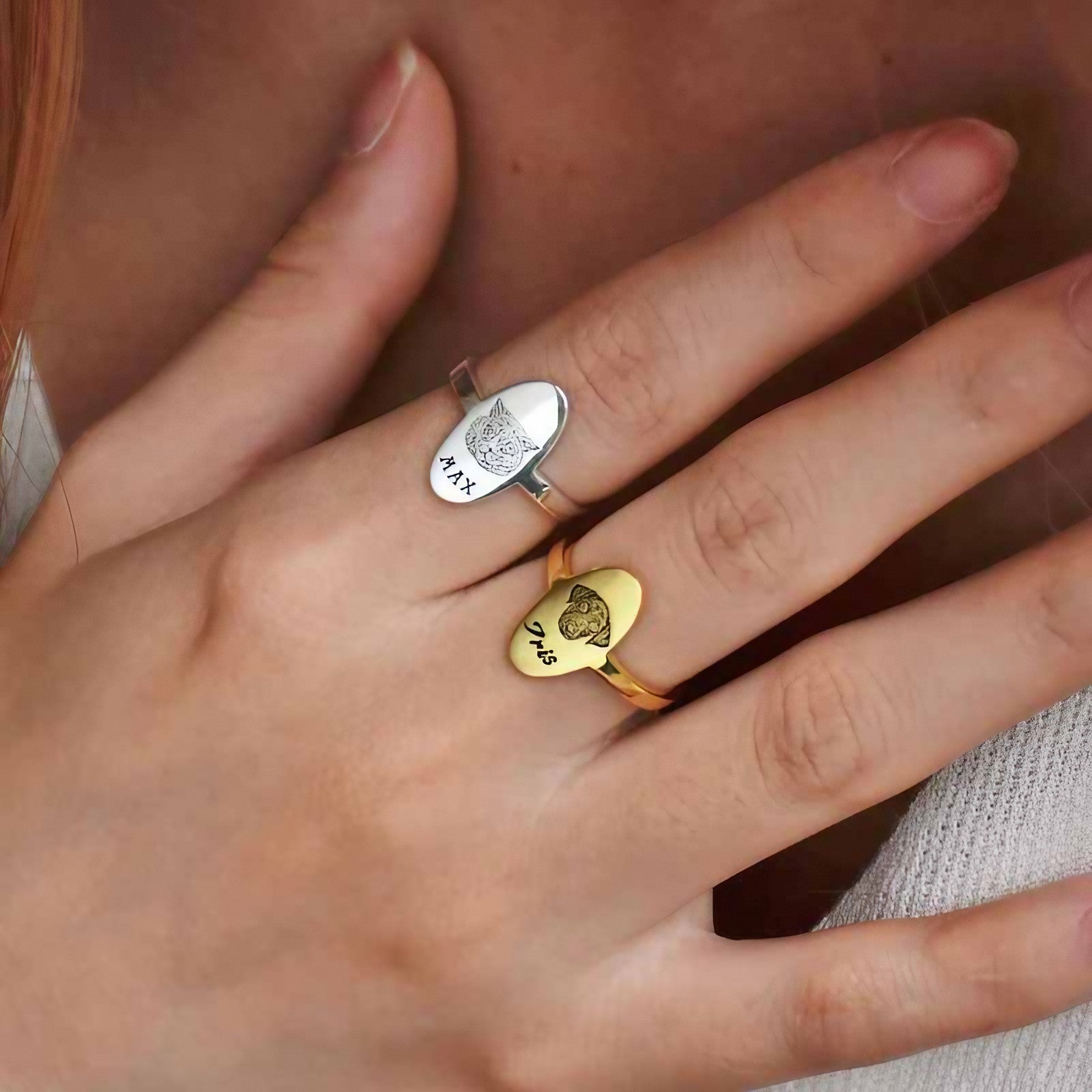 Close-up of engraved pet portrait on a delicate custom pet photo ring band