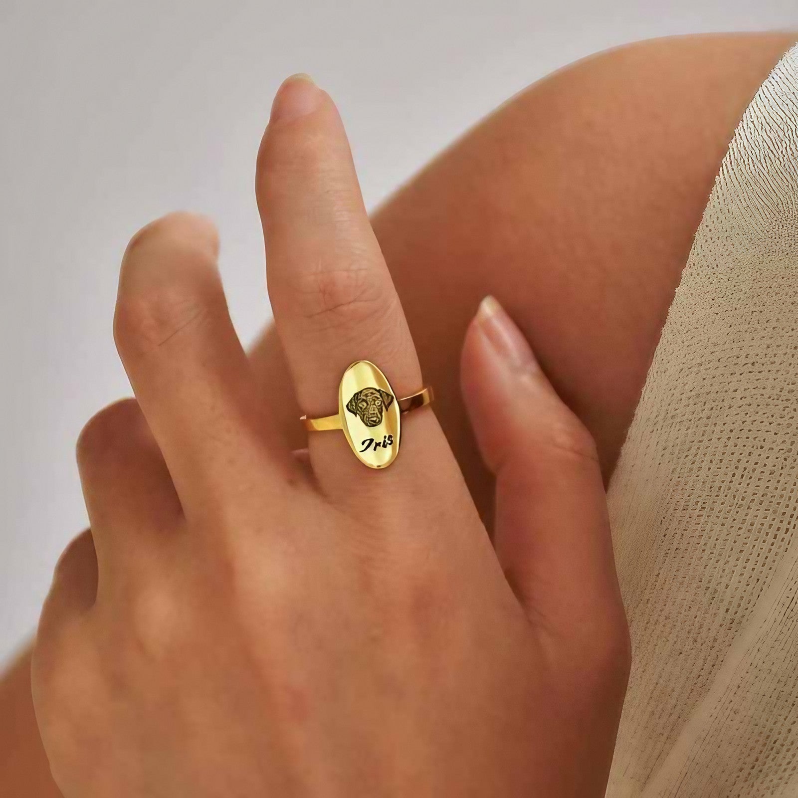 Custom pet photo ring with engraved pet portrait on a slim band in gold finish