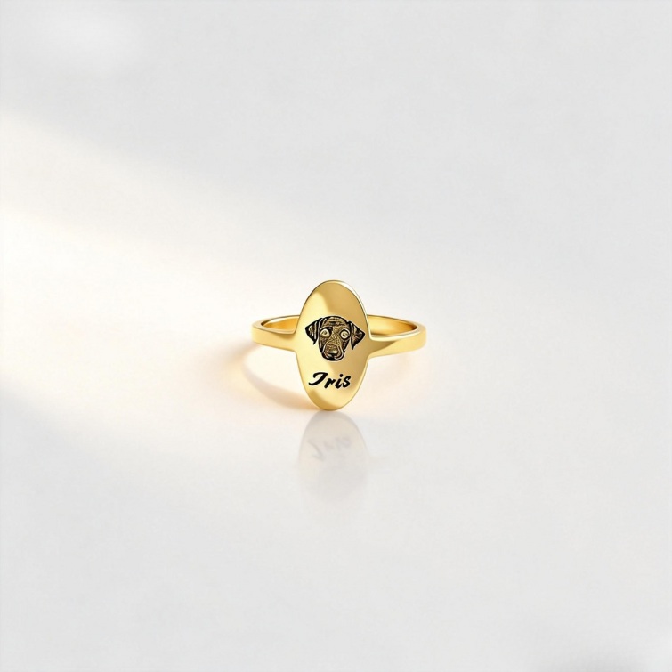Custom pet photo ring shown in gold, silver, and rose gold finish options