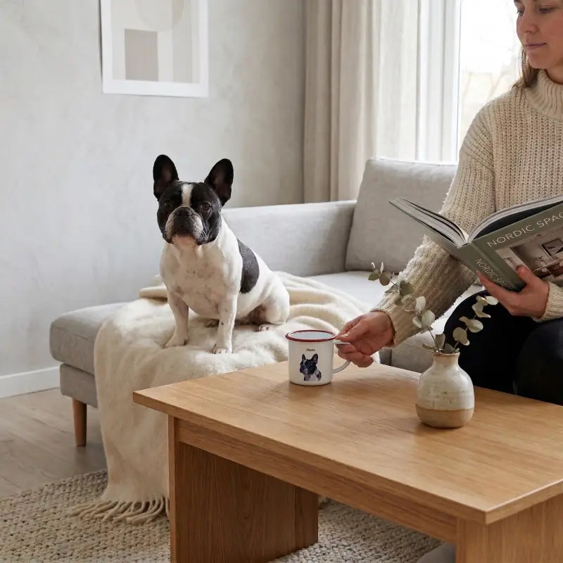 Custom pet portrait enamel mug displayed on a wooden surface showing full wrap-around illustration
