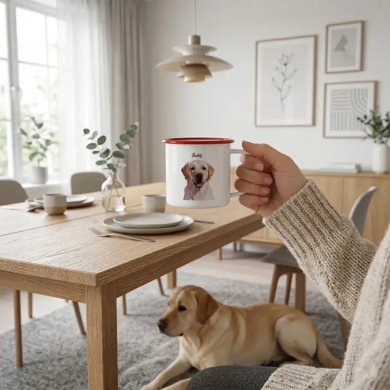 Personalized pet portrait enamel mug held in two hands as a cozy gift for pet owners