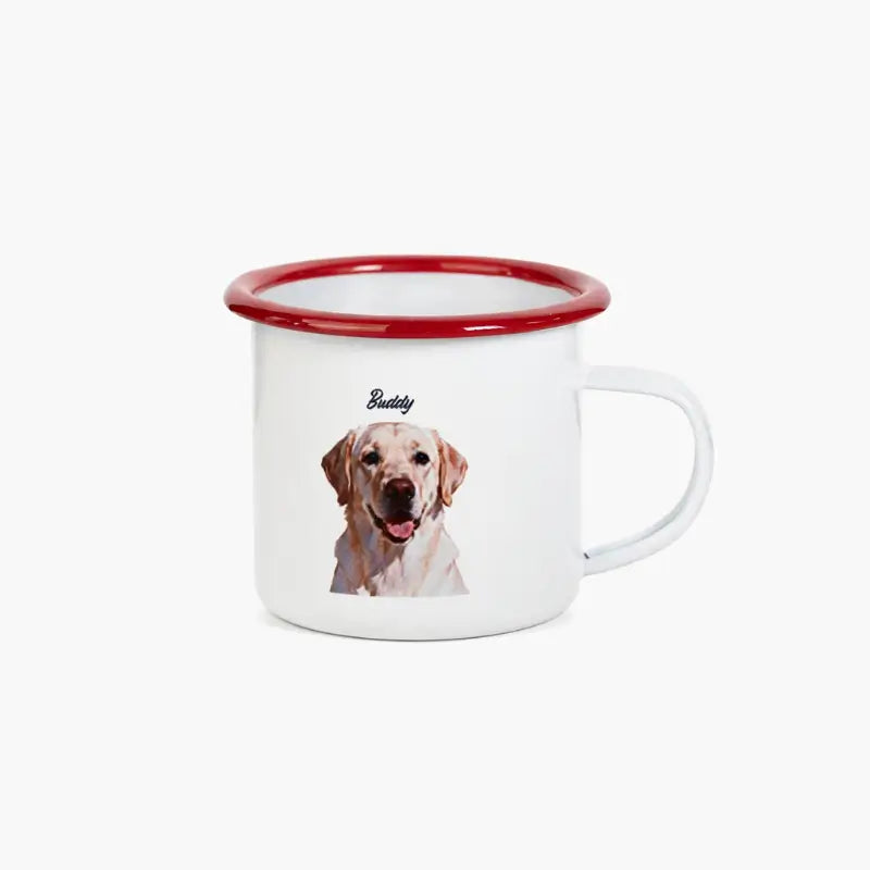 Custom pet portrait enamel mug with illustrated pet portrait wrapping around the outside in full color