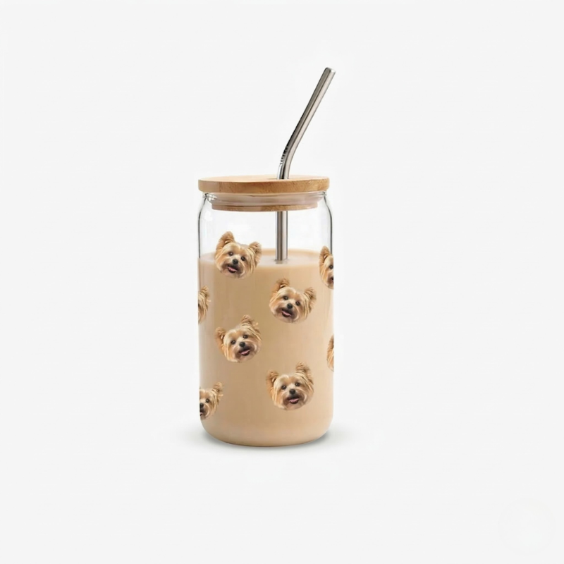 Custom pet portrait glass can cup with bamboo lid and metal straw showing all-over pet illustration