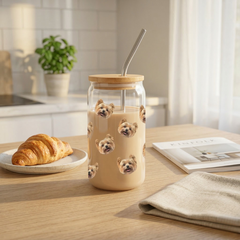 Custom pet portrait glass can cup on a bright kitchen table with croissant in a morning setting
