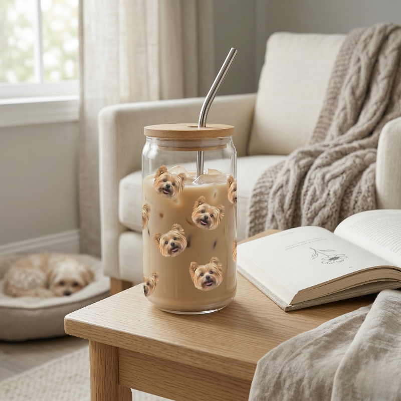 Personalized pet portrait glass can cup on a side table in a cozy living room setting