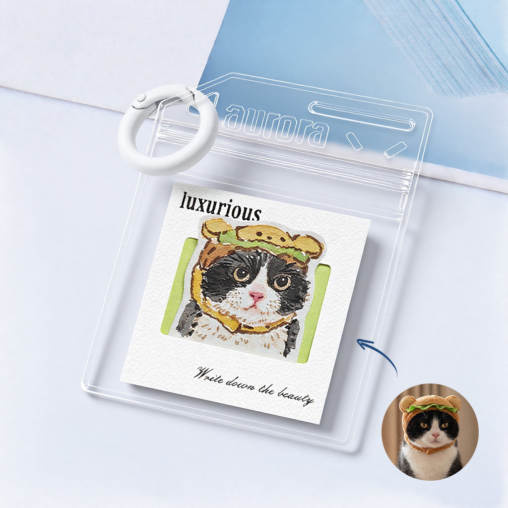 Close-up of whimsical watercolor pet portrait charm showing fun costume and color detail