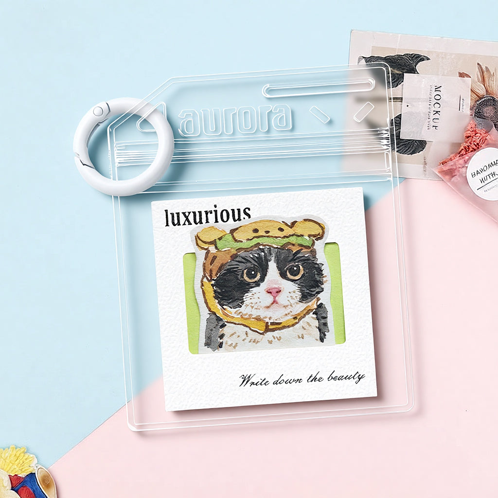 Fun custom pet portrait keychain attached to keys showing the playful watercolor illustration