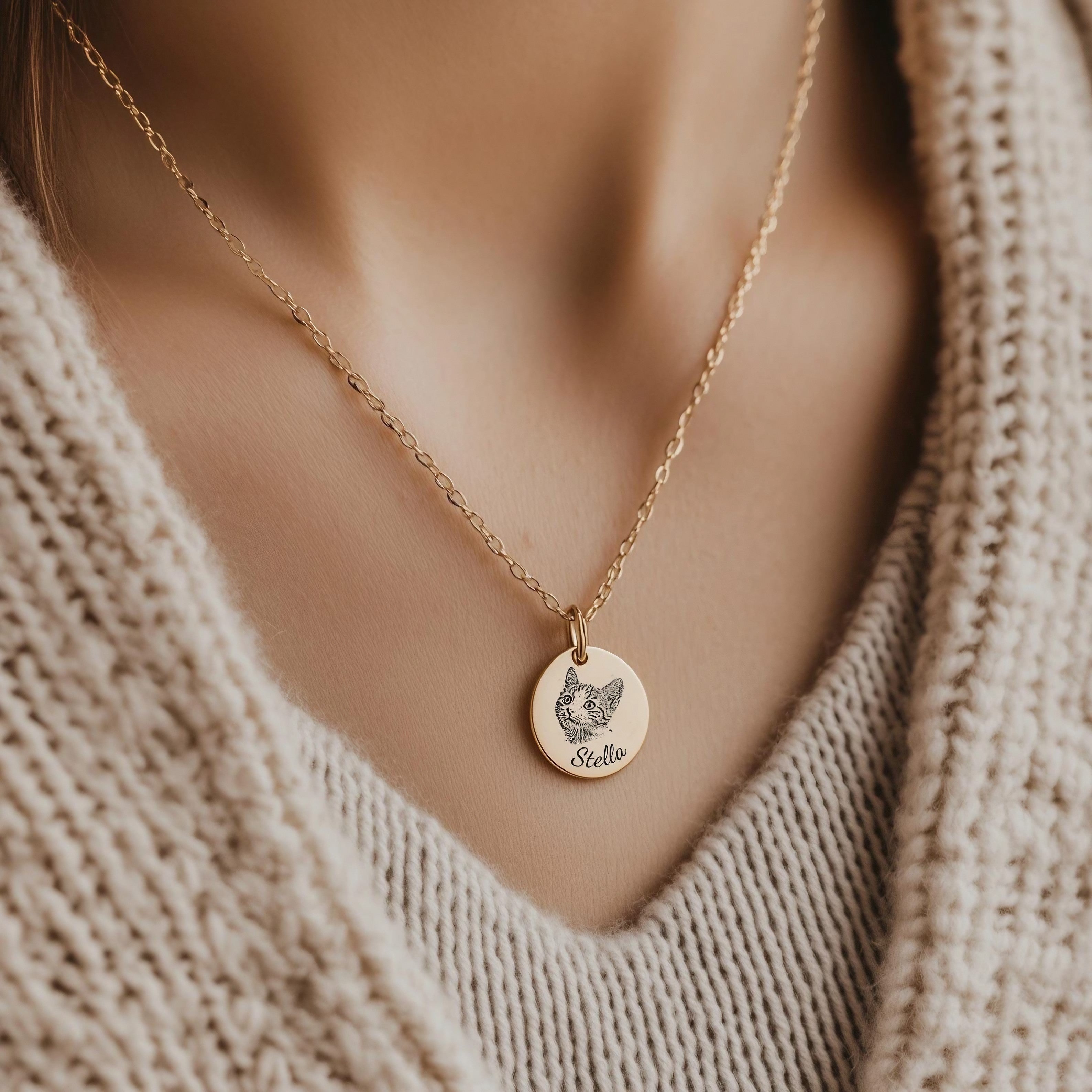Person wearing a personalized pet portrait pendant necklace as a gift for dog moms