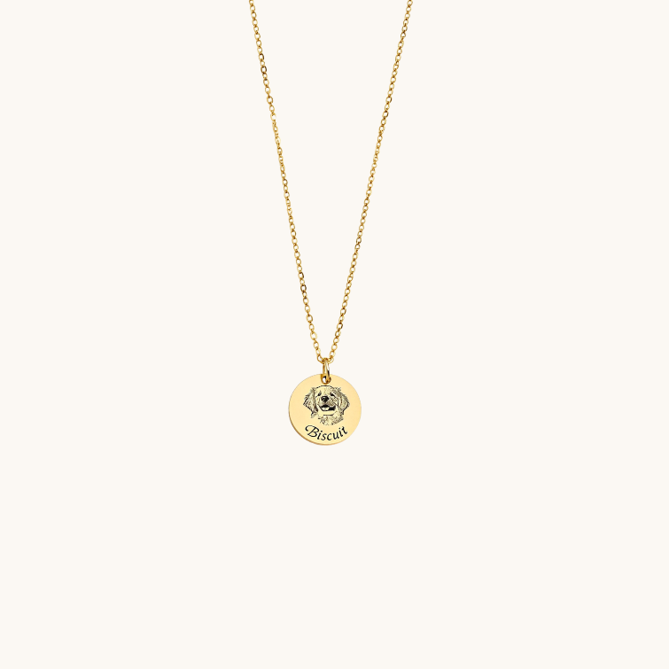 Custom pet portrait necklace with round pendant engraved with pet portrait and name in gold
