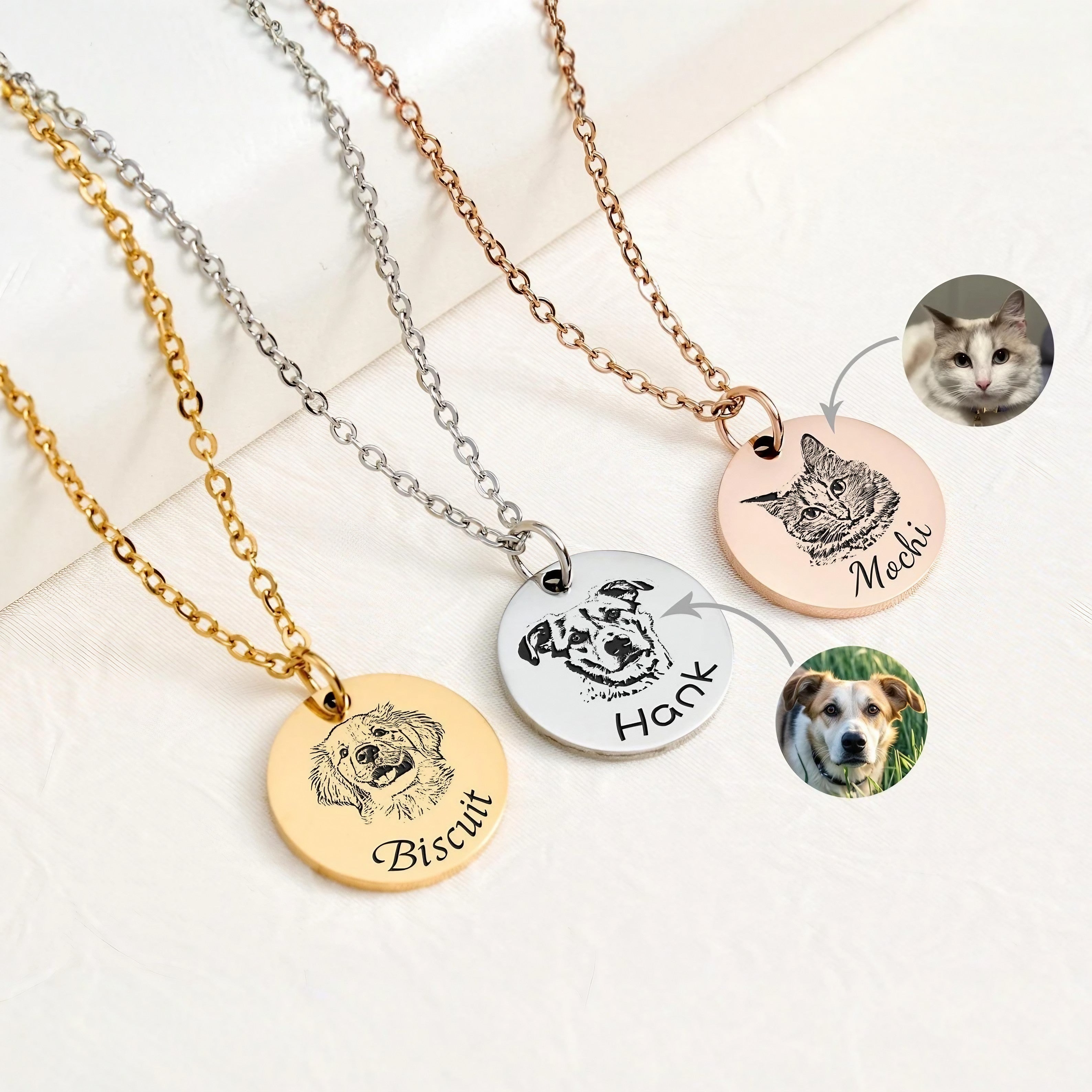 Close-up of engraved pet portrait on a round gold pendant custom pet necklace