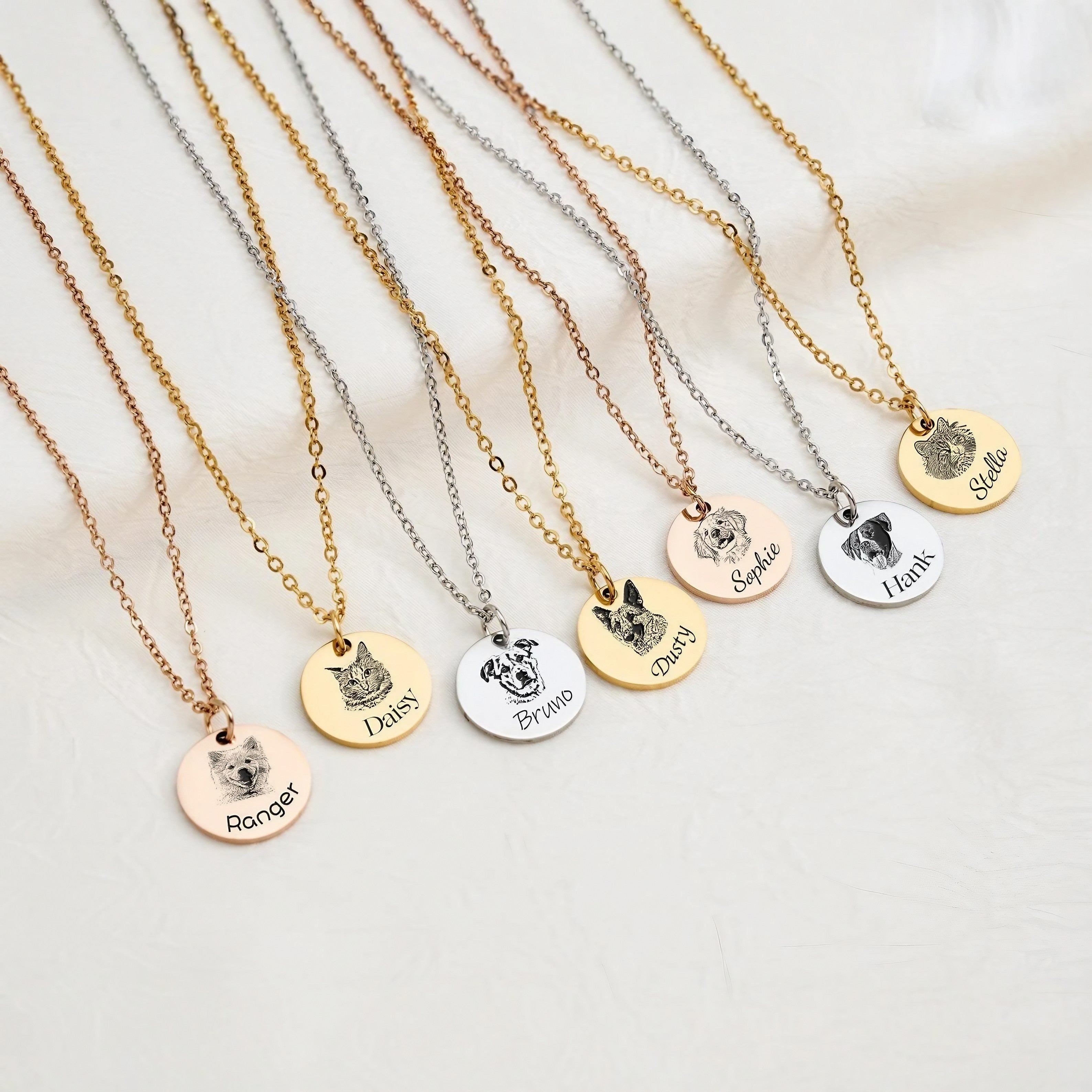Custom pet portrait necklace shown in gold, silver, and rose gold finish options side by side