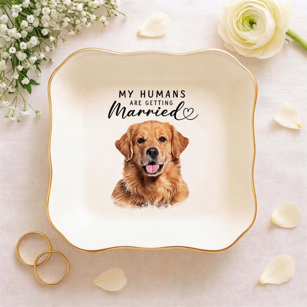 Personalized wavy square ring dish with custom dog portrait and gold rim as a keepsake jewelry tray