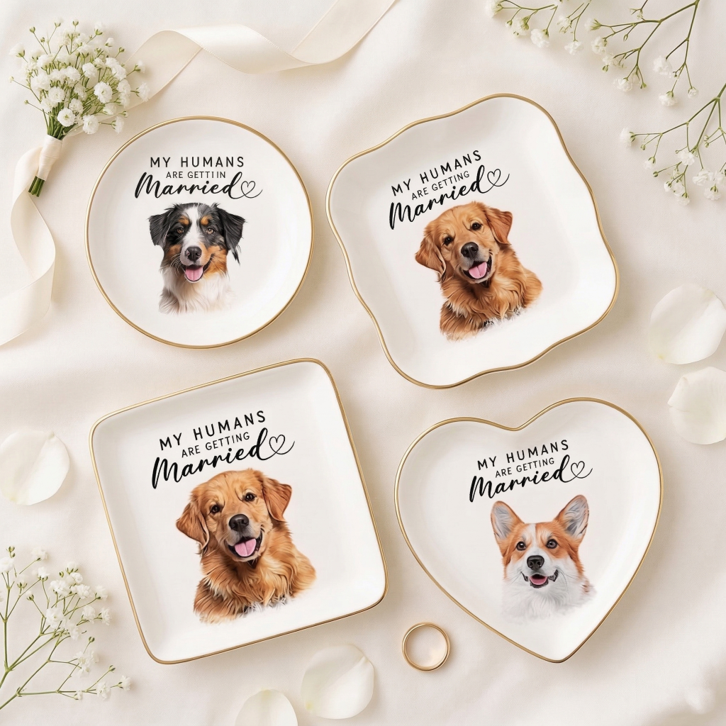 Set of four custom pet portrait ring dishes in round, heart, square, and wavy square shapes