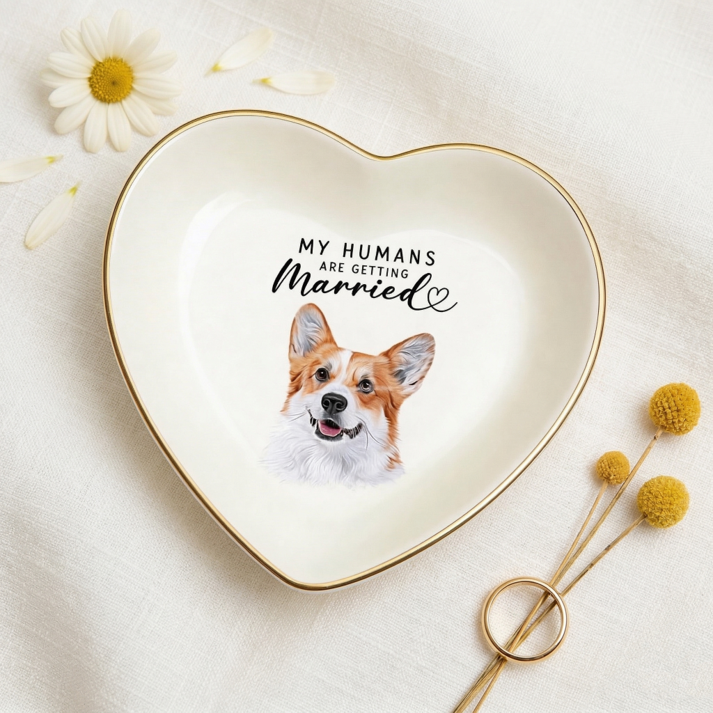 Heart-shaped custom pet portrait ring dish in white ceramic with gold rim as a personalized keepsake tray