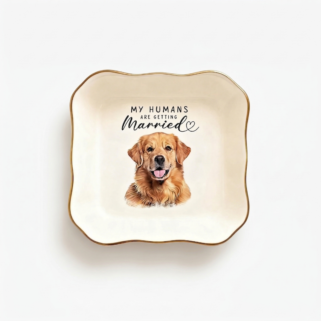 Custom pet portrait ceramic ring dishes in round, heart, square, and wavy square shapes on a white background