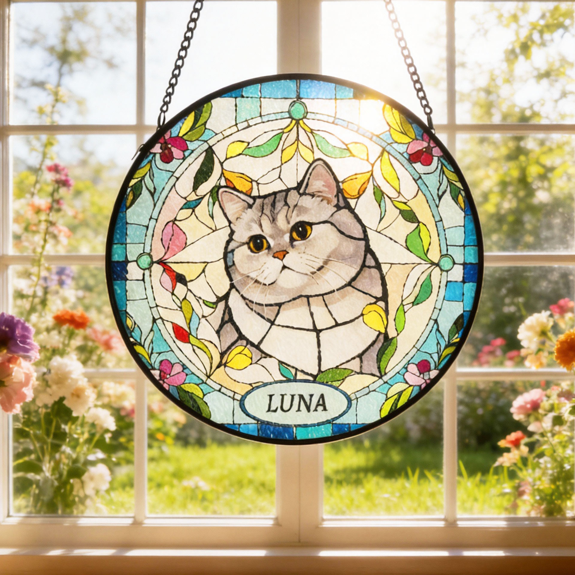 Custom pet portrait stained glass suncatcher with illustrated pet face and colorful panel design