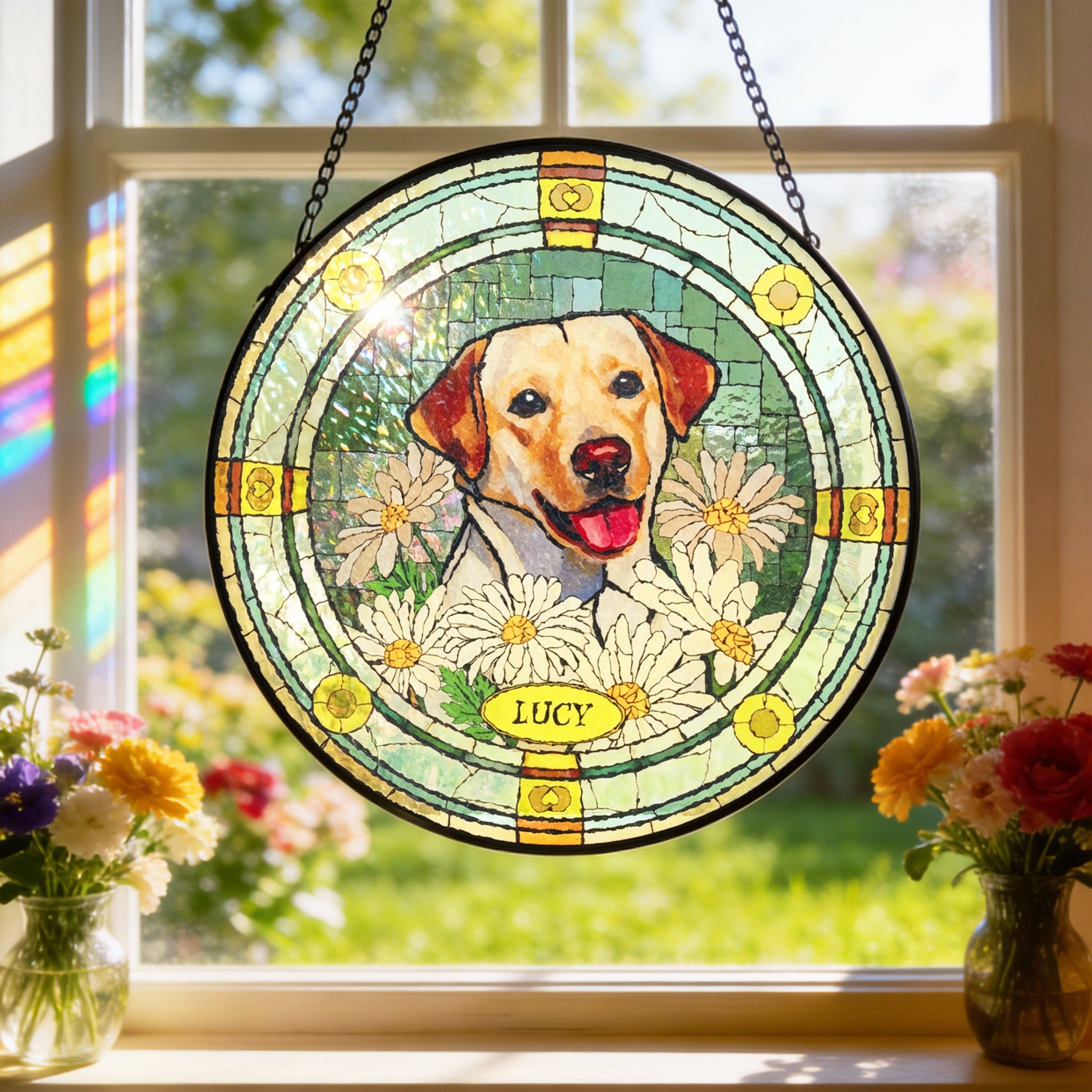 Stained glass pet portrait suncatcher hanging in a sunny window with light glowing through