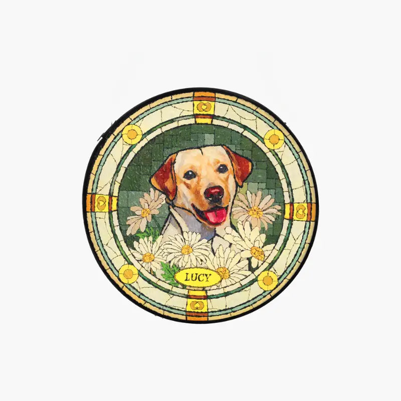 Size guide for custom pet portrait stained glass suncatcher showing available dimensions