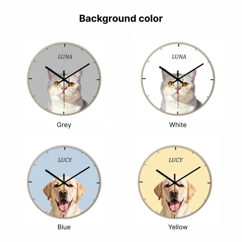Personalized pet wall clock with custom pet portrait displayed on a wall next to home decor