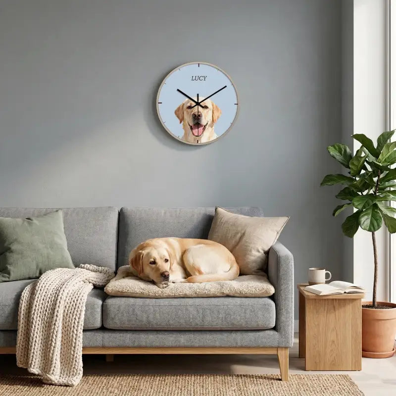 Custom pet portrait wall clock shown in a styled home setting as a unique personalized pet gift
