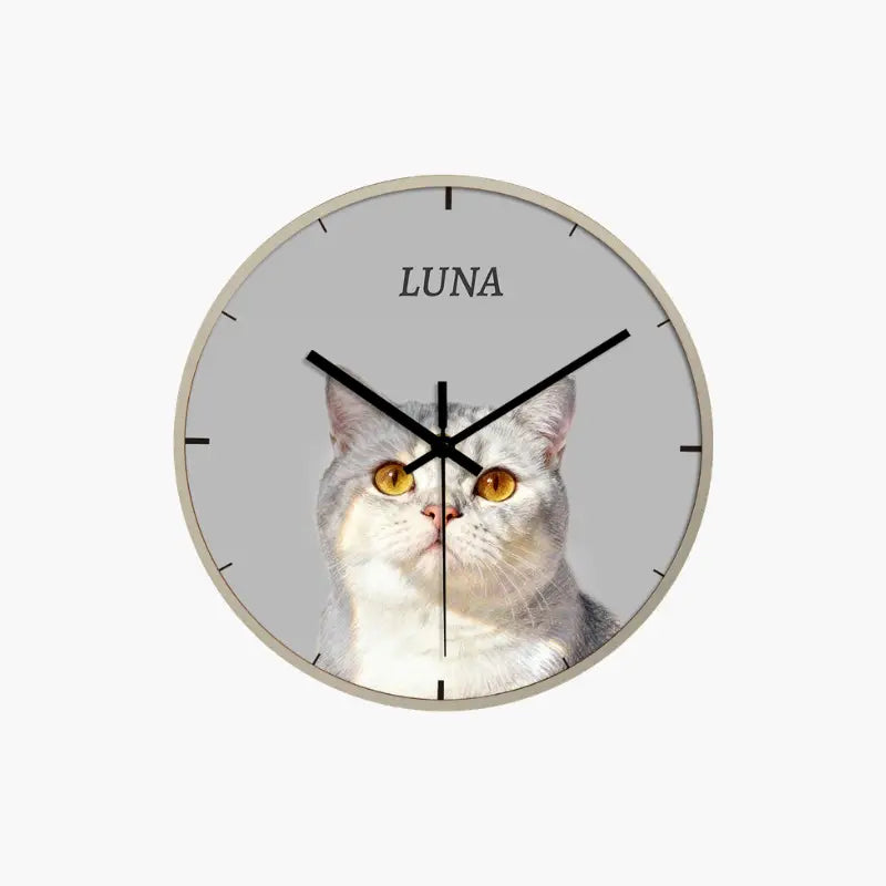 Custom pet portrait wall clock with illustrated pet face at the center as personalized home decor
