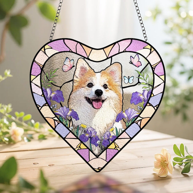 Heart-shaped water ripple glass suncatcher with a custom dog portrait surrounded by flowers and butterflies