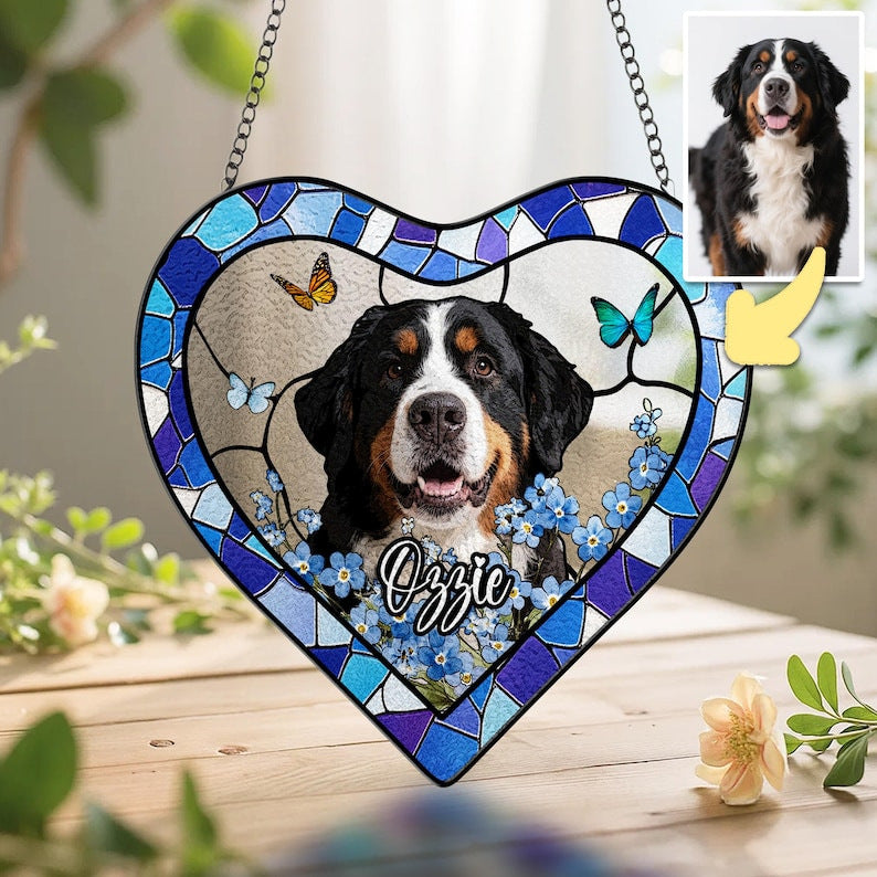 Heart-shaped pet portrait suncatcher with dog photo, the name Ozzie, and floral butterfly border