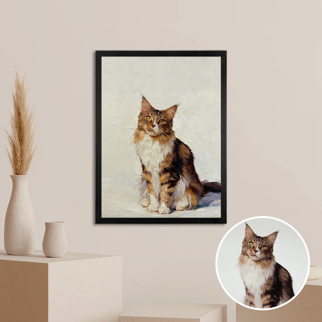 Oil-style custom pet portrait on wood panel displayed on a warm living room wall