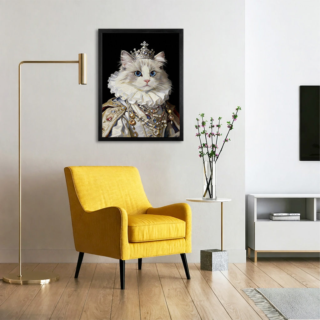 Close-up of queen crown and jewel detail on a custom pet portrait printed on wood